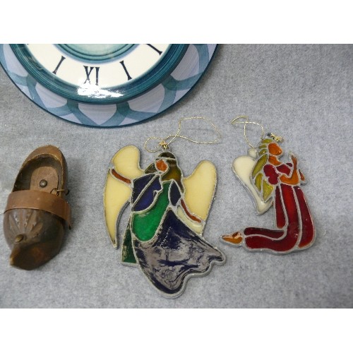 167 - A JERSEY POTTERY HANDPAINTED CLOCK PLUS VINTAGE GLASSES,STAINED GLASS ANGELS AND A WOODEN CLOG