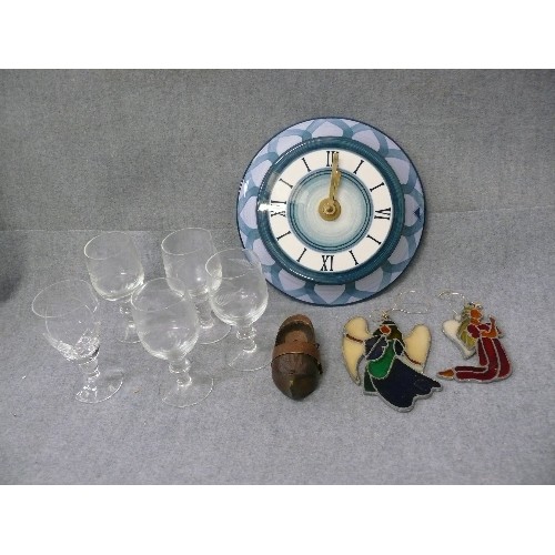 167 - A JERSEY POTTERY HANDPAINTED CLOCK PLUS VINTAGE GLASSES,STAINED GLASS ANGELS AND A WOODEN CLOG