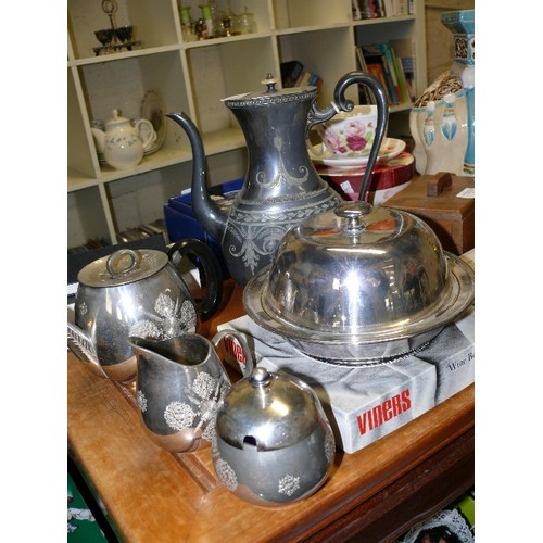 213 - A NICE SELECTION OF SILVERPLATE ITEMS TO INCLUDE COFFEE POT, TEASET, CHEESE DISH ETC