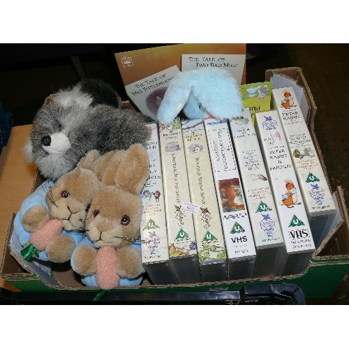 236 - TRAY WITH 7 BEATRIX POTTER VIDEOS, PAIR OF NEW PETER RABBIT SLIPPERS PLUS BLUE BUNNY TOY AND RACCOON... 