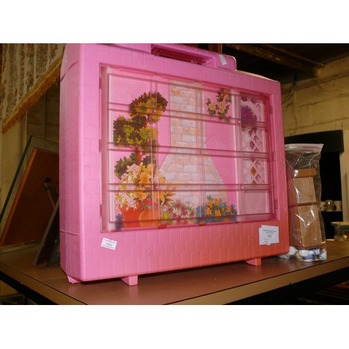 250 - UNUSUAL FOLDAWAY DOLLS HOUSE IN PINK PLASTIC CASE PLUS BAG OF WOODEN DOLLS HOUSE FURNITURE