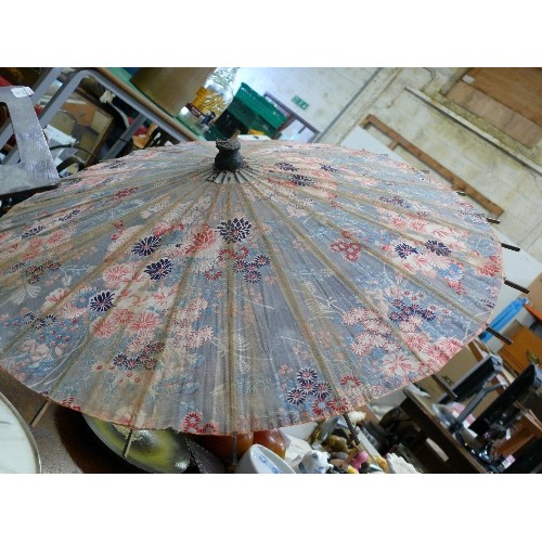 357 - A BEAUTIFUL VINTAGE HAND PAINTED ON PAPER WITH BAMBOO JAPANESE PARASOL