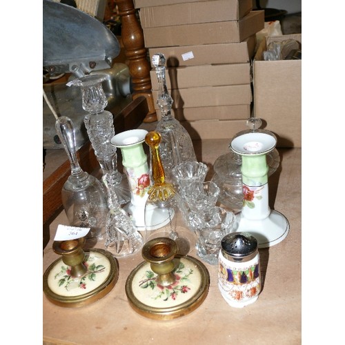 364 - A SELECTION OF DECORATIVE CRYSTAL, BRASS AND CHINA ORNAMENTS, CANDLESTICKS, BELLS ETC