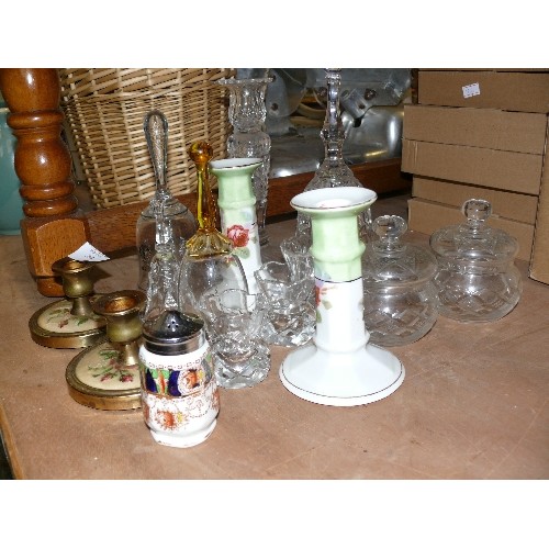 364 - A SELECTION OF DECORATIVE CRYSTAL, BRASS AND CHINA ORNAMENTS, CANDLESTICKS, BELLS ETC