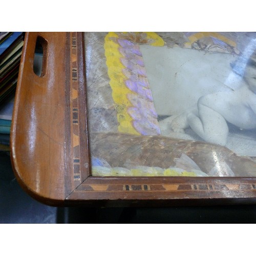 414 - A VINTAGE INLAID TRAY WITH BUTTERFLY WING PANEL AND BABY PHOTOGRAPH