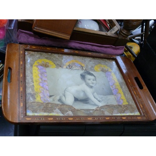 414 - A VINTAGE INLAID TRAY WITH BUTTERFLY WING PANEL AND BABY PHOTOGRAPH