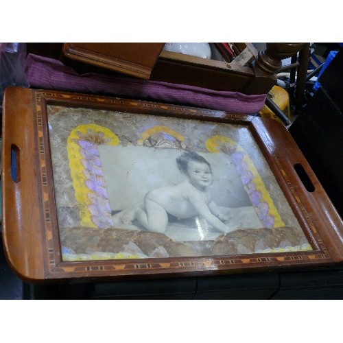 414 - A VINTAGE INLAID TRAY WITH BUTTERFLY WING PANEL AND BABY PHOTOGRAPH