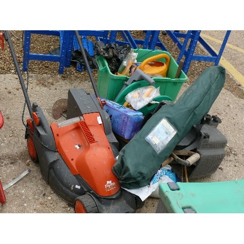 466 - FLYMO PAC A MOW LAWNMOWER , HOSE REEL, GARDEN TOOLS, WATERING CAN, FOLDING CHAIR IN BAG