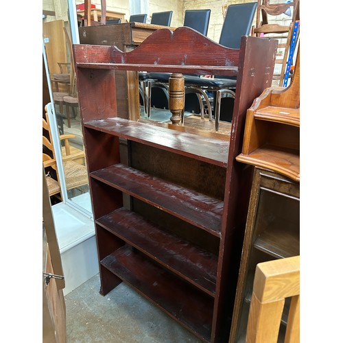 510 - VINTAGE STAINED PINE BOOK SHELVES WITH SHAPED UPSTAND