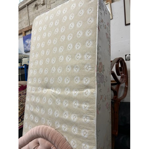 527 - SINGLE BED AND MATTRESS WITH DUSTY PINK VELOUR HEADBOARD