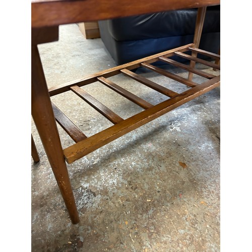 531 - MID CENTURY TEAK COFFEE TALE WITH SLATTED SHELF BELOW