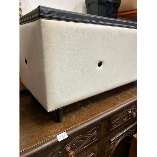 534 - MID CENTURY RETRO OTTOMAN BOX IN WHITE AND BLACK VINYL WITH TAPERED LEGS