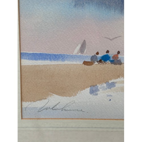 153 - A late 20th Century watercolour of a beach with figures and sailing boats. Signed in pencil. Image s... 