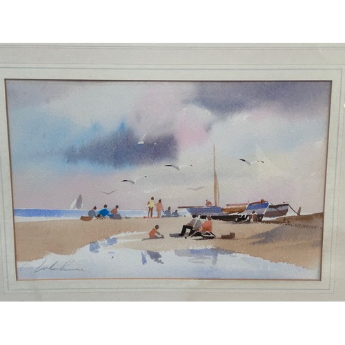 153 - A late 20th Century watercolour of a beach with figures and sailing boats. Signed in pencil. Image s... 