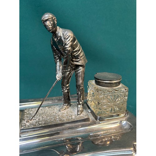 19 - Golfing interest . A silver plated desk stand with a pair of cut glass inkwells and a figure of a go... 
