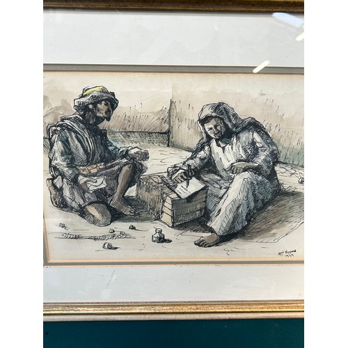 154 - An unusual pen and wash watercolour of a couple writing a letter, entitled 