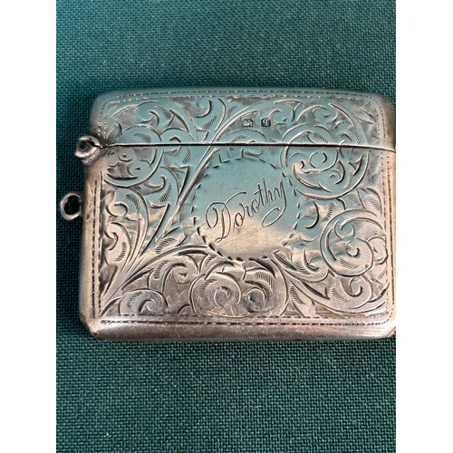 57 - Sterling silver curved vesta case with inscribed cartouche, Birm 1915, Charles Edwin Turner