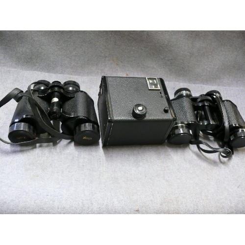 60 - KODAK BROWNIE MODEL 1,  IN IT'S CASE, PAIR OF BOOTS PACER  BINOCULARS 8 X 30mm, FIELD VIEW  131m at ... 