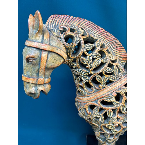 394 - Large Chunar or Tang Horse Sculpture by Austin Productions on a lacquered stand. The pierced hollow ... 