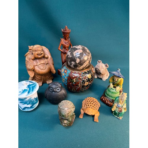 395 - An eclectic selection of mainly oriental items including a cloisonne vase with panels of birds and f... 