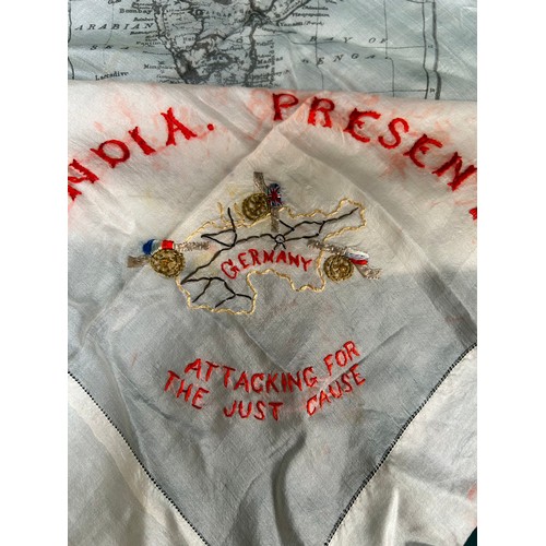 106 - A WW1 Royal Artillery silk embroidered handkerchief sewn onto a table runner and another silk scarf ... 
