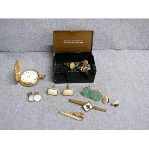 9 - A BOX WITH A LADIES POCKET WATCH AND SEVERAL CUFF LINKS