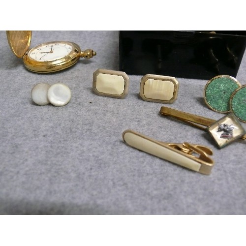 9 - A BOX WITH A LADIES POCKET WATCH AND SEVERAL CUFF LINKS