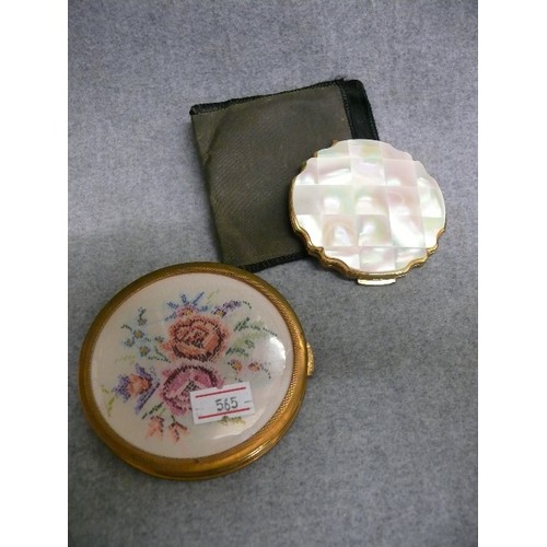 6 - 2 LOVELY STATTON POWDER COMPACTS 1 NEARLY NEW WITH MOTHER OF PEARL LID THE OTHER HAND STITCHED PATTE... 