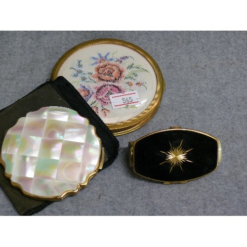 6 - 2 LOVELY STATTON POWDER COMPACTS 1 NEARLY NEW WITH MOTHER OF PEARL LID THE OTHER HAND STITCHED PATTE... 