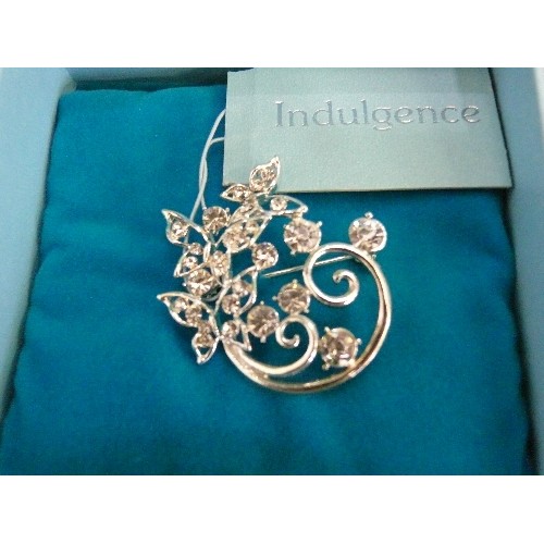 7 - 2 LOVELY BROOCHES IN BOXES. 1 BY INDULGENCE WHITE METAL WITH WHITE STONES