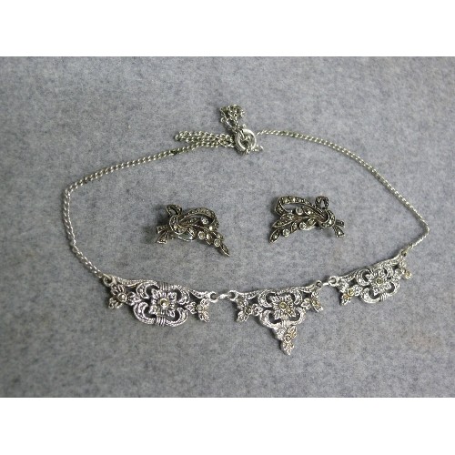 42 - A PAIR OF STERLING SILVER & MARCASITE CLIP EARRINGS AND A PRETTY MARCASITE NECKLACE