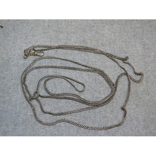 43 - A VERY LONG ANTIQUE SILVER METAL GUARD CHAIN - PROBABLY SILVER BUT UNTESTED - 60 INCHES