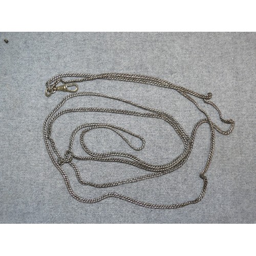 43 - A VERY LONG ANTIQUE SILVER METAL GUARD CHAIN - PROBABLY SILVER BUT UNTESTED - 60 INCHES