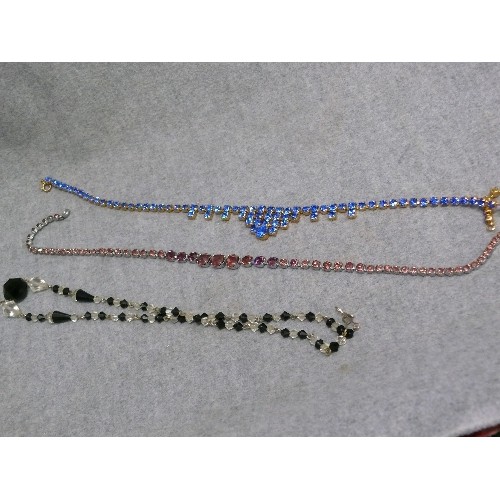 49 - 3 1930'S OR 40'S GLASS NECKLACES INCLUDING ONE WITH VIBRANT BLUE STONES ANOTHER WITH AMETHYST COLOUR... 