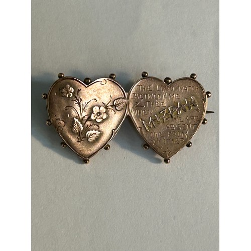 124 - An Edwardian 9ct Gold Double Heart Mizpah brooch. Birm 1905