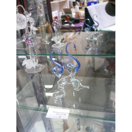 1 - 7 BEAUTIFUL  HAND DRAWN GLASS ANIMALS AND BIRDS, A MURANO GLASS PERFUME BOTTLE WITH A DIBBER