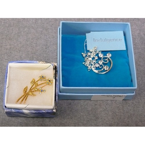 7 - 2 LOVELY BROOCHES IN BOXES. 1 BY INDULGENCE WHITE METAL WITH WHITE STONES