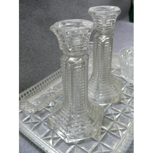 73 - CLEAR GLASS DRESSING TABLE SET, TRAY, CANDLESTICKS, DISH AND BOWL