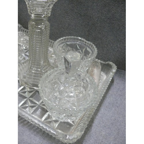 73 - CLEAR GLASS DRESSING TABLE SET, TRAY, CANDLESTICKS, DISH AND BOWL