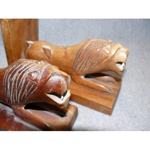 74 - PAIR OF HAND CARVED WOODEN  LIONS (ONE HAS TAIL MISSING)