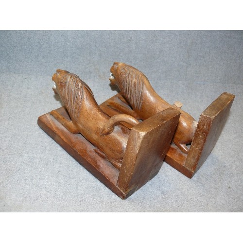 74 - PAIR OF HAND CARVED WOODEN  LIONS (ONE HAS TAIL MISSING)