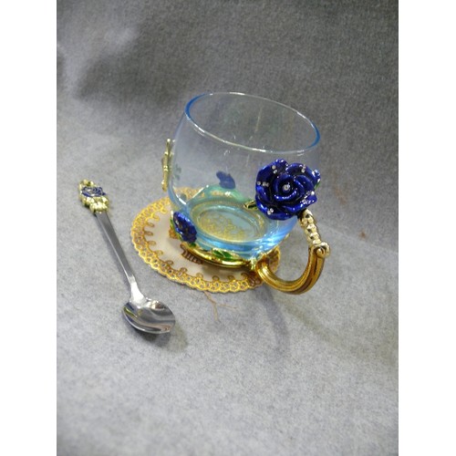 110 - A LOVELY ENAMEL FLOWER TEA CUP WITH BOX