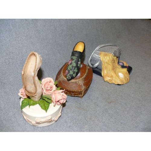 114 - 3 DECORATIVE JUST THE RIGHT SHOE WIND UP MUSIC BOXES