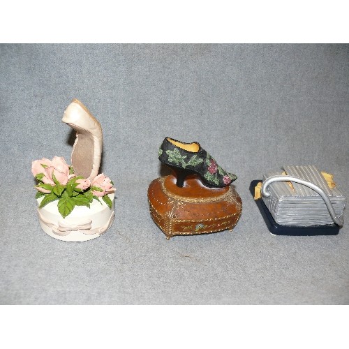 114 - 3 DECORATIVE JUST THE RIGHT SHOE WIND UP MUSIC BOXES