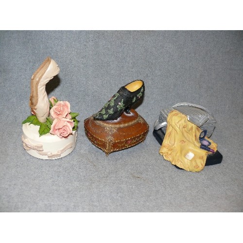 114 - 3 DECORATIVE JUST THE RIGHT SHOE WIND UP MUSIC BOXES