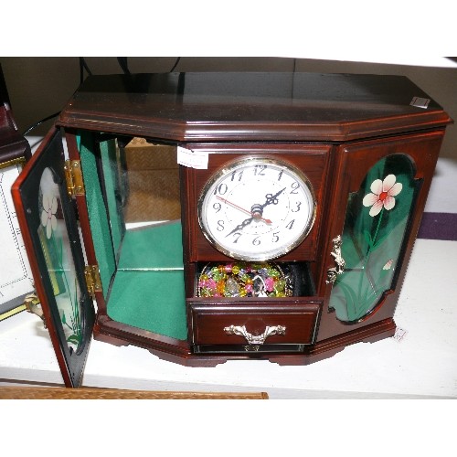 115 - A CLOCK CABINET STYLE JEWELLERY BOX WITH CONTENTS OF COSTUME JEWELLERY