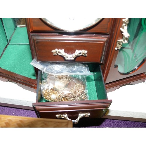 115 - A CLOCK CABINET STYLE JEWELLERY BOX WITH CONTENTS OF COSTUME JEWELLERY