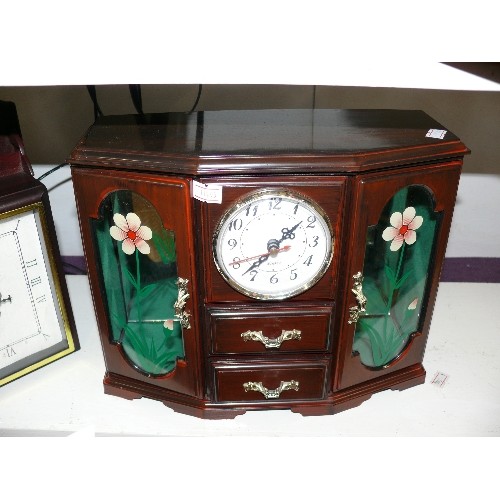 115 - A CLOCK CABINET STYLE JEWELLERY BOX WITH CONTENTS OF COSTUME JEWELLERY