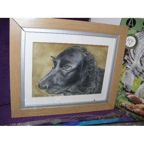 127 - A FRAMED AND GLAZED PASTEL SIGNED BY BOB WELLMAN OF A DOG