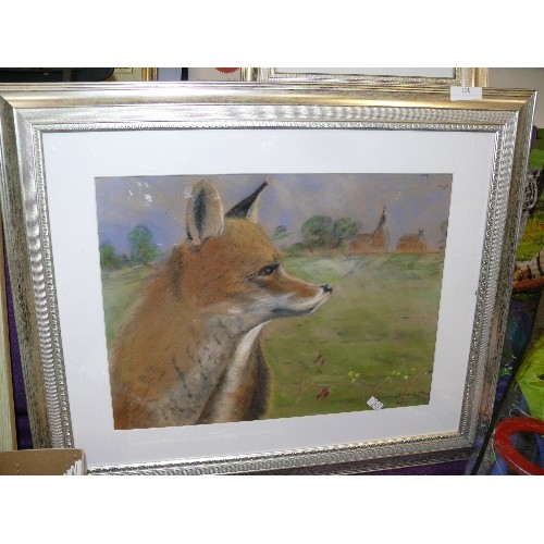 130 - A FRAMED AND GLAZED PASTEL OF A FOX BY BOB WELLMAN NOVEMBER 2015